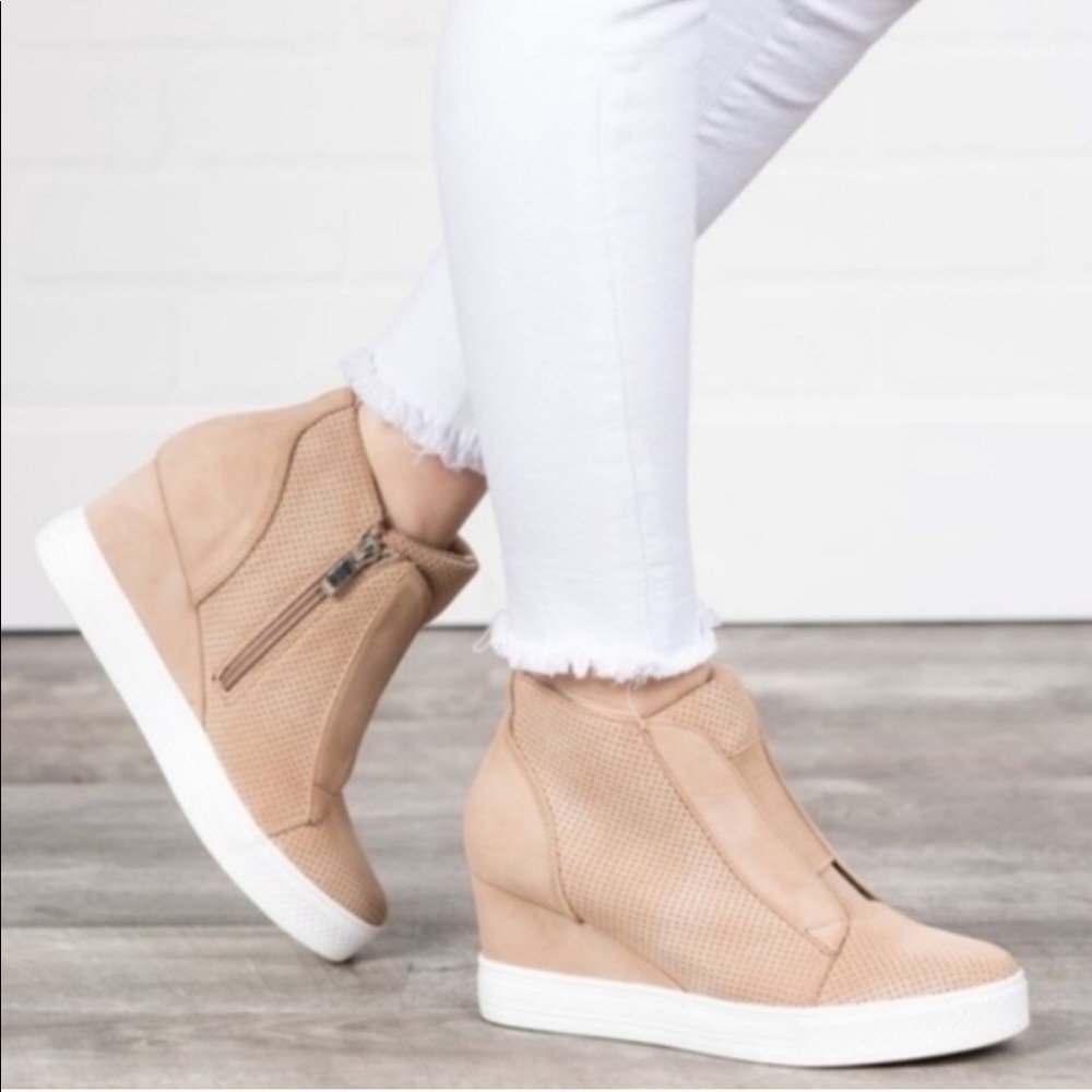 Camel sneaker wedges vegan leather